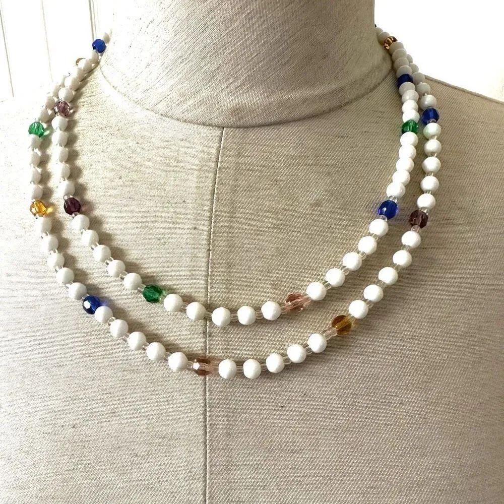 White colorful beaded long necklace